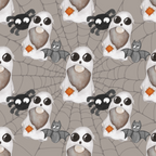 Pattern of ghostly figures holding orange items, surrounded by cartoon bats and spiders set against a spiderweb background.