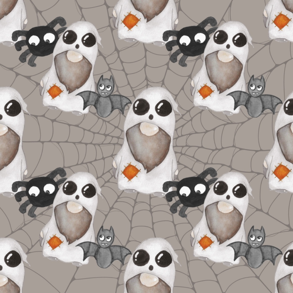 Pattern of ghostly figures holding orange items, surrounded by cartoon bats and spiders set against a spiderweb background.