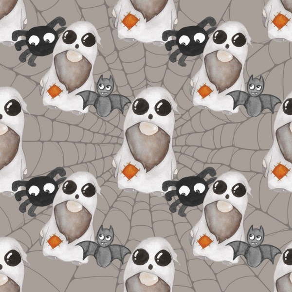 Pattern of ghostly figures holding orange items, surrounded by cartoon bats and spiders set against a spiderweb background.