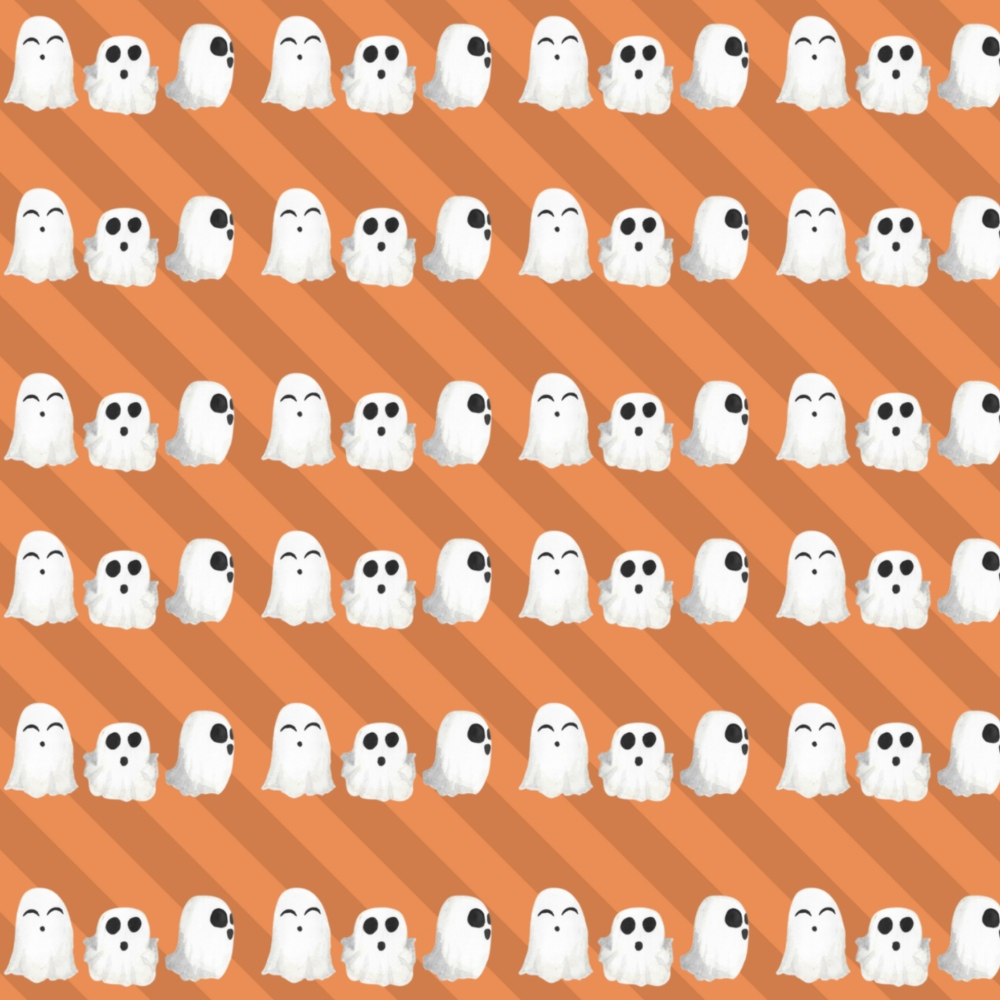 Pattern of cartoon ghosts with various expressions on an orange diagonal striped background.
