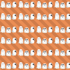 Pattern of cartoon ghosts with various expressions on an orange diagonal striped background.