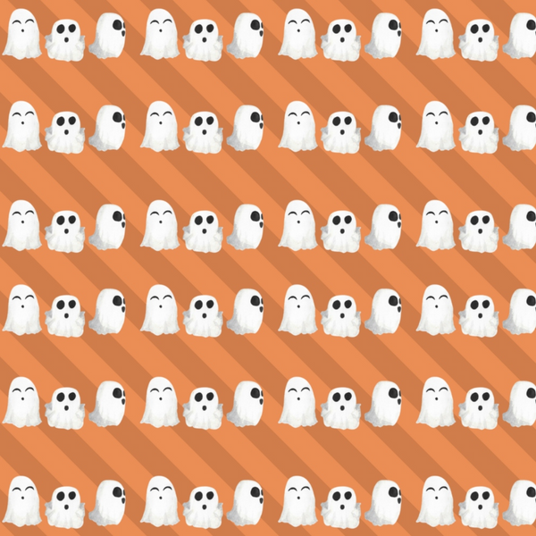 Pattern of cartoon ghosts with various expressions on an orange diagonal striped background.