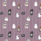 Patterned background with cartoon ghosts, gnomes in Halloween hats, owls, and spiders on a purple striped backdrop.