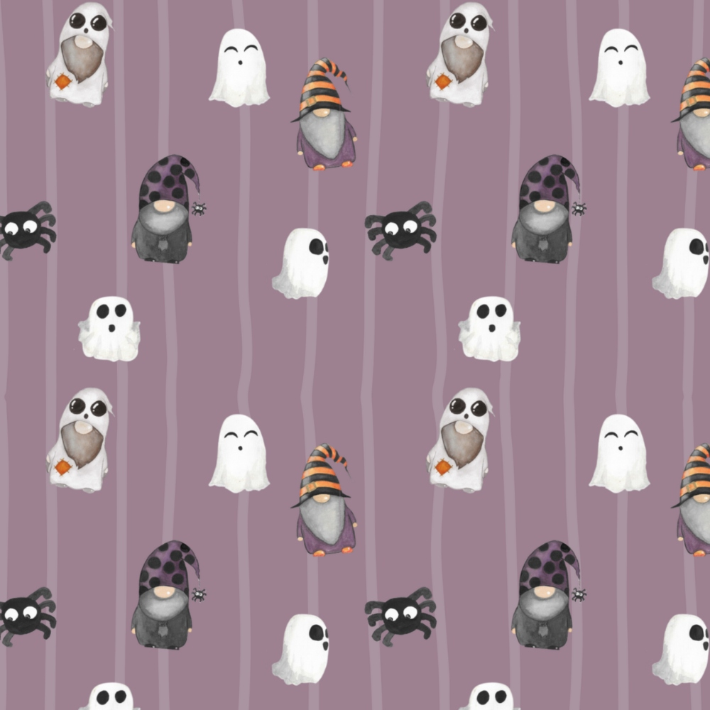 Patterned background with cartoon ghosts, gnomes in Halloween hats, owls, and spiders on a purple striped backdrop.