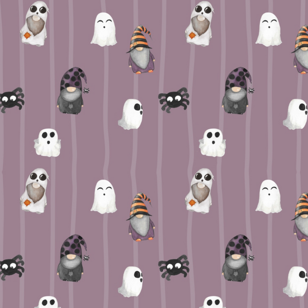 Patterned background with cartoon ghosts, gnomes in Halloween hats, owls, and spiders on a purple striped backdrop.