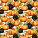 Pattern of orange and black pumpkins and green leaves on a light background.