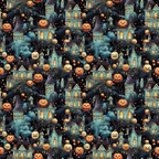 Seamless Halloween pattern with spooky houses, pumpkins, and dark trees, featuring glowing windows and eerie faces.