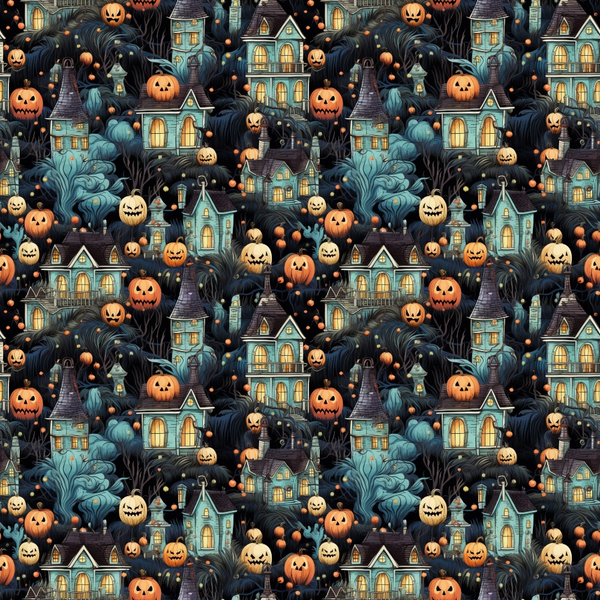 Seamless Halloween pattern with spooky houses, pumpkins, and dark trees, featuring glowing windows and eerie faces.