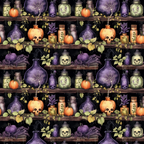 Shelves with purple vases, skulls, pumpkins, jars of herbs, and a stuffed crow, arranged in a repeating pattern.