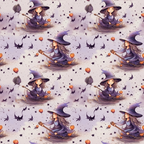 Pattern of a cartoon witch on a broomstick with pumpkins, black cats, moons, and stars on a light background.