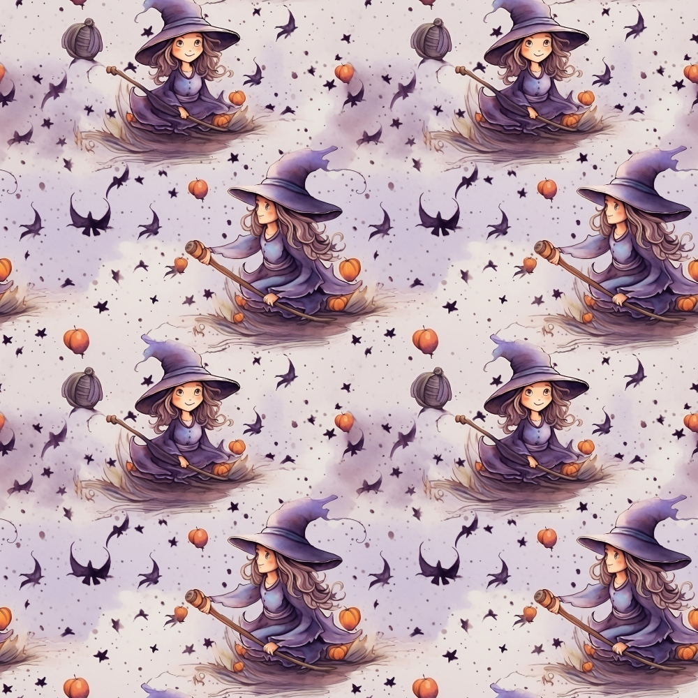 Pattern of a cartoon witch on a broomstick with pumpkins, black cats, moons, and stars on a light background.