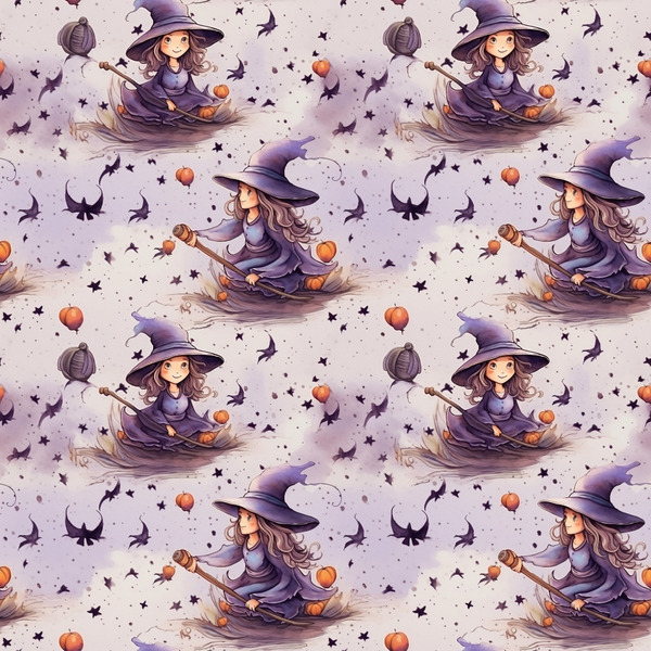 Pattern of a cartoon witch on a broomstick with pumpkins, black cats, moons, and stars on a light background.