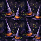 Pattern of purple witch hats with orange bands against a dark, starry background with foliage and branches.