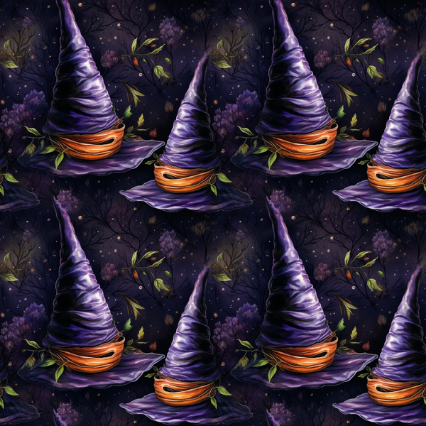 Pattern of purple witch hats with orange bands against a dark, starry background with foliage and branches.