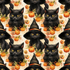 Pattern of black cats with witch hats, pumpkins, and autumn leaves on a beige background.