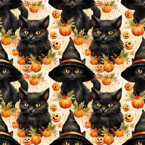 Pattern of black cats with witch hats, pumpkins, and autumn leaves on a beige background.