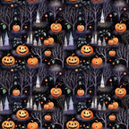 Halloween-themed pattern with carved pumpkins, bare trees, bats, and spooky castle towers on a dark background.
