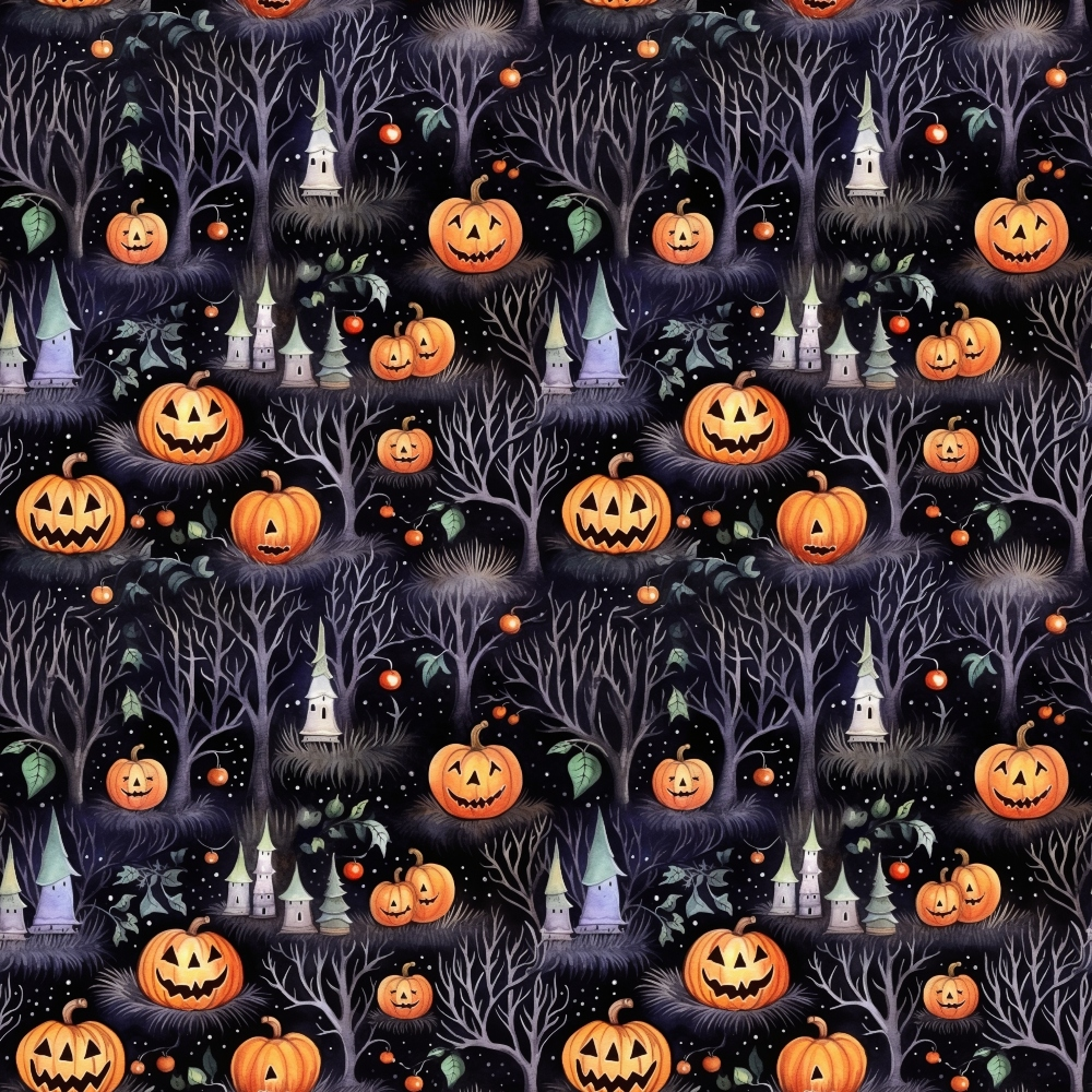 Halloween-themed pattern with carved pumpkins, bare trees, bats, and spooky castle towers on a dark background.