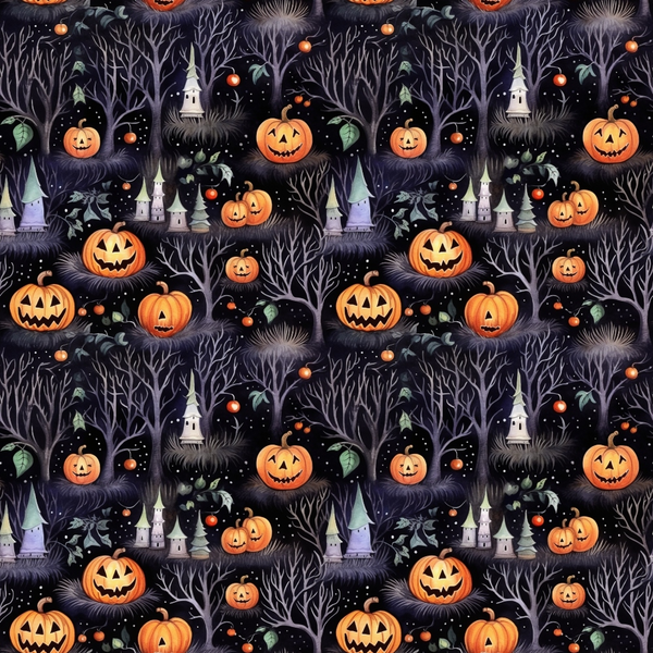 Halloween-themed pattern with carved pumpkins, bare trees, bats, and spooky castle towers on a dark background.