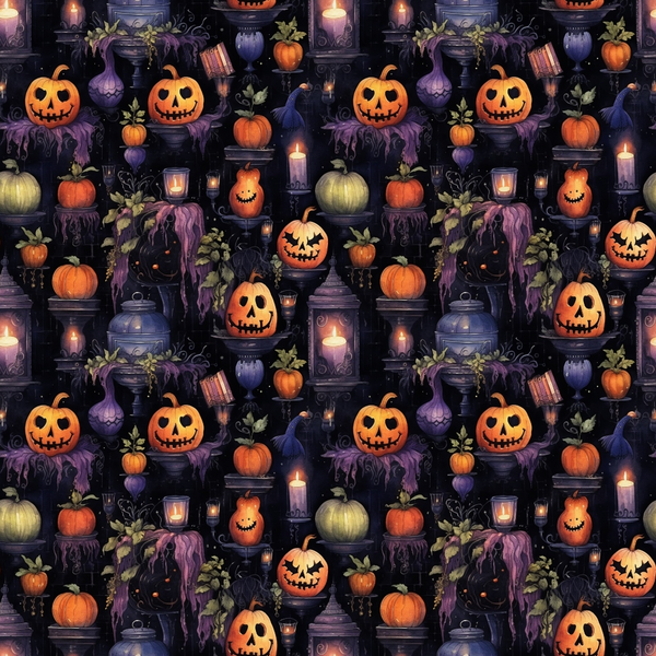 A seamless Halloween pattern featuring jack-o-lanterns, candles, cauldrons, and various pumpkins against a dark background.