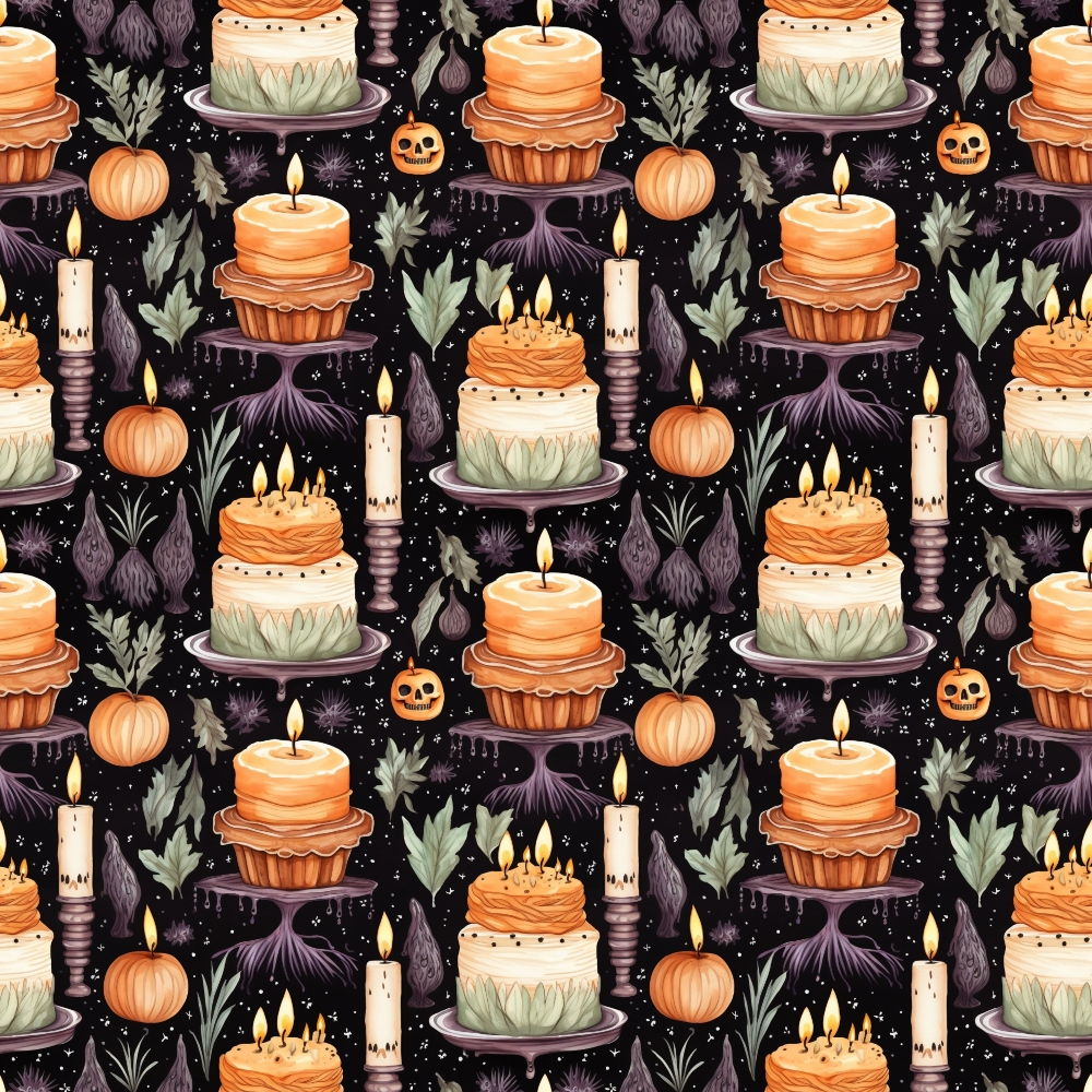 Patterned image of candles, layered cakes, pumpkins, and leaves on a dark background.
