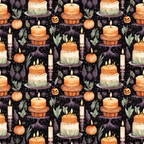 Patterned image of candles, layered cakes, pumpkins, and leaves on a dark background.