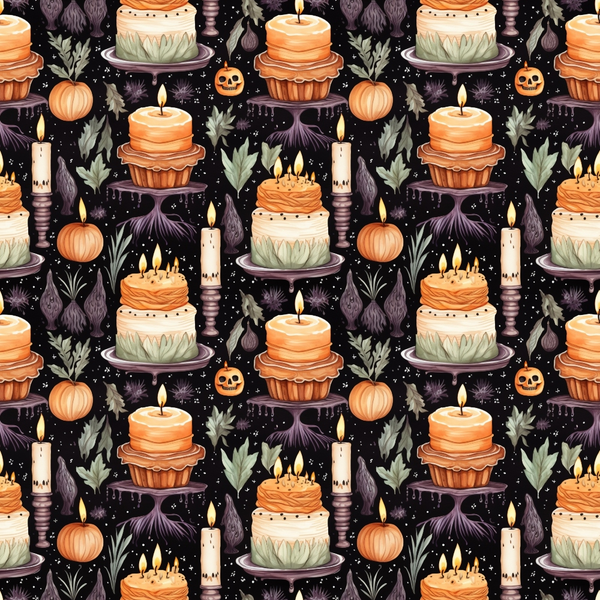 Patterned image of candles, layered cakes, pumpkins, and leaves on a dark background.