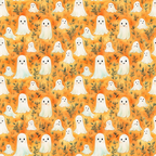 Pattern of cute, smiling ghost illustrations on an orange background with leafy accents.