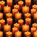 Seamless pattern of lit orange candles with swirling wax details, creating a warm and glowing ambiance.