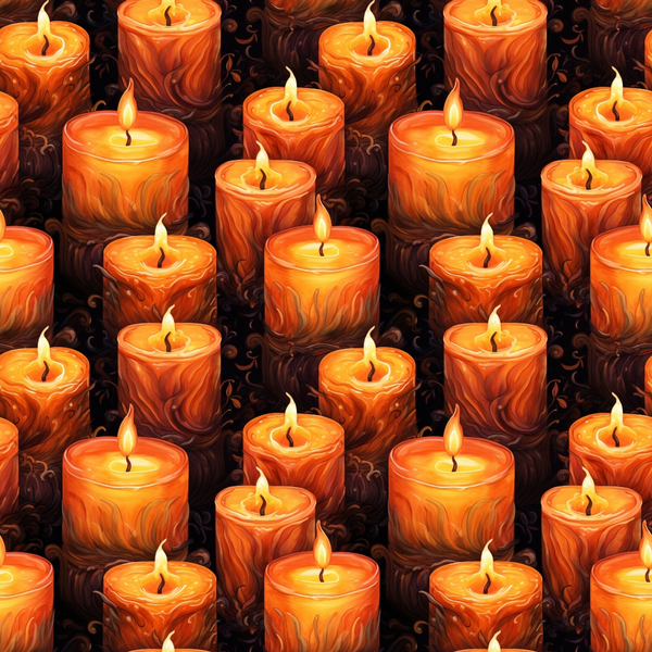Seamless pattern of lit orange candles with swirling wax details, creating a warm and glowing ambiance.