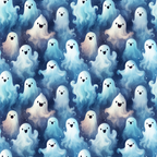 Pattern of cute cartoon ghosts with smiling faces in various shades of blue and white, set against a dark background.
