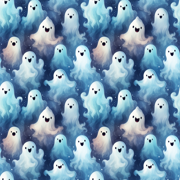 Pattern of cute cartoon ghosts with smiling faces in various shades of blue and white, set against a dark background.