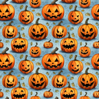 Pattern of carved pumpkins with smiling faces, surrounded by autumn leaves and squiggly lines on a light blue background.