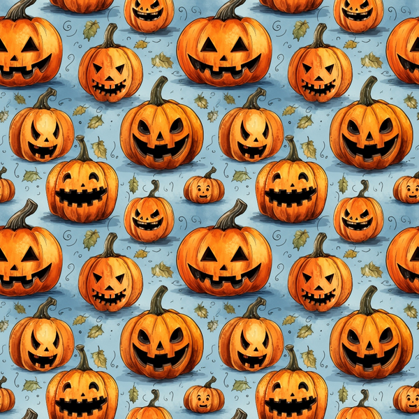 Pattern of carved pumpkins with smiling faces, surrounded by autumn leaves and squiggly lines on a light blue background.