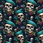 Seamless pattern of skulls wearing teal hats, surrounded by roses and green leaves on a dark background.