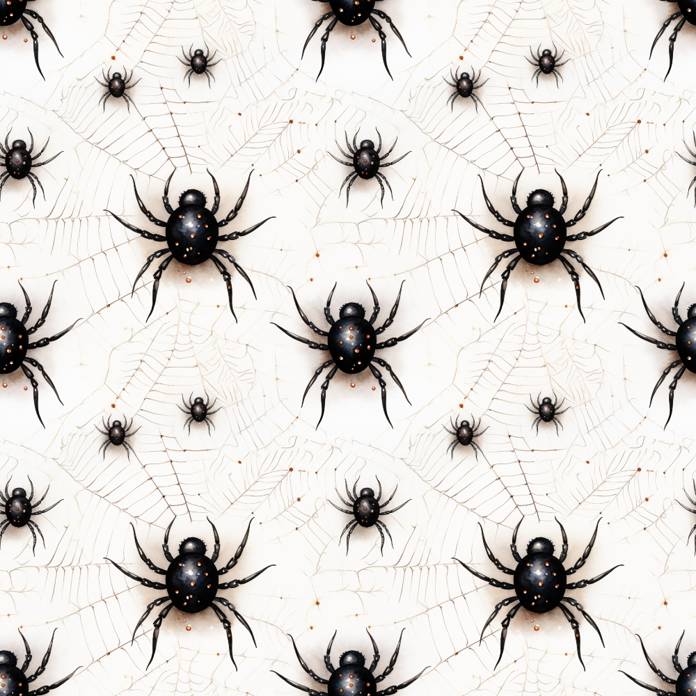 Pattern of black spiders on webs against a white background, forming a repeated grid across the image.