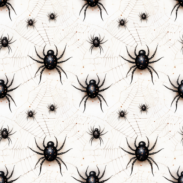 Pattern of black spiders on webs against a white background, forming a repeated grid across the image.