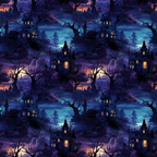 Pattern of haunted houses with glowing windows, surrounded by dark, twisted trees under a cloudy, colorful twilight sky.