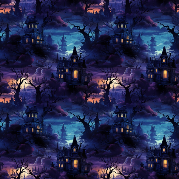 Pattern of haunted houses with glowing windows, surrounded by dark, twisted trees under a cloudy, colorful twilight sky.