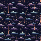 Seamless pattern of clouds, stars, and moons with strings against a dark sky background.