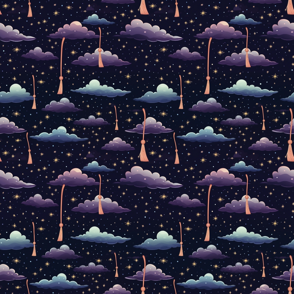 Seamless pattern of clouds, stars, and moons with strings against a dark sky background.