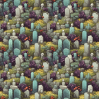 Cartoon cemetery pattern with various tombstones, skulls, and ghostly figures surrounded by grass and colorful plants.