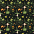 Pattern of a cute witch in a green dress and hat, surrounded by smiling pumpkins and lanterns on a dark background.