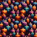 Seamless pattern of various lit candles in orange, purple, and blue with carved pumpkin designs on a dark background.