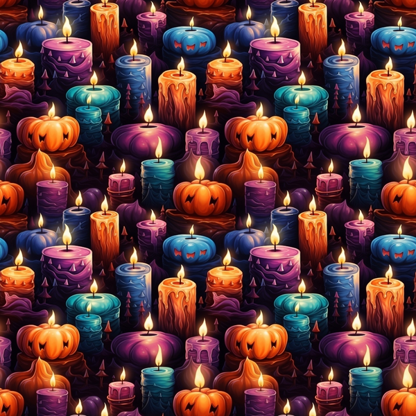 Seamless pattern of various lit candles in orange, purple, and blue with carved pumpkin designs on a dark background.