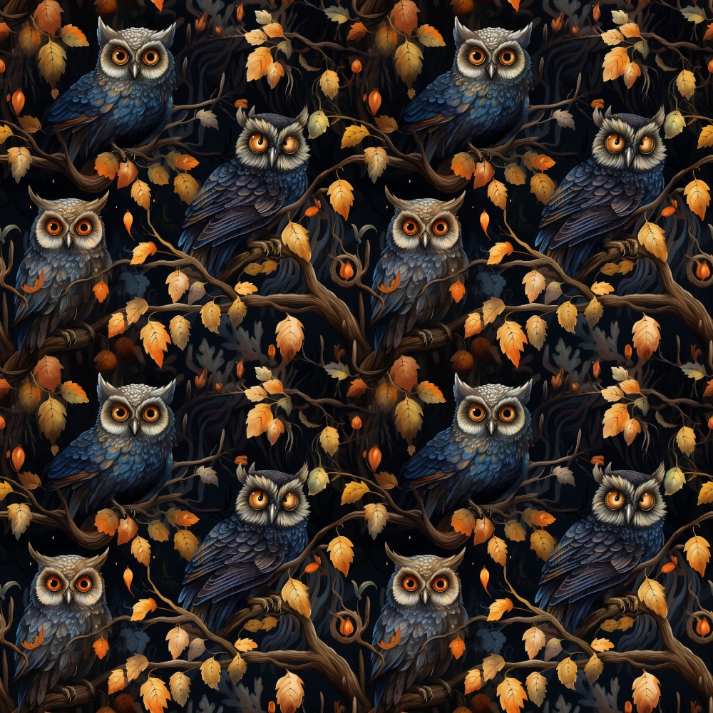 Pattern of owls perched on branches surrounded by autumn leaves, set against a dark background.