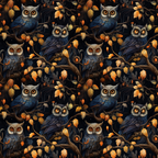 Pattern of owls perched on branches surrounded by autumn leaves, set against a dark background.