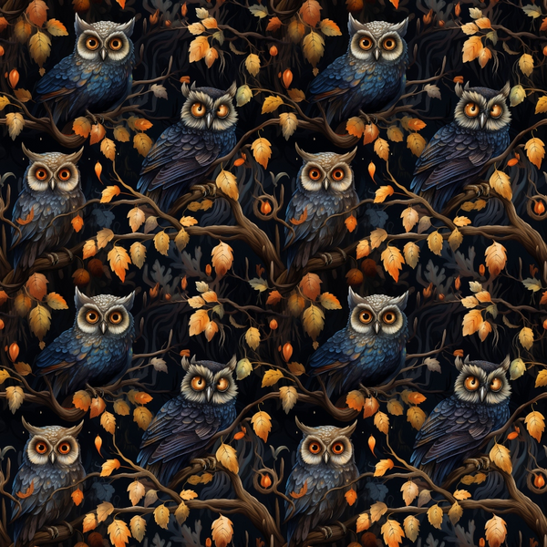 Pattern of owls perched on branches surrounded by autumn leaves, set against a dark background.