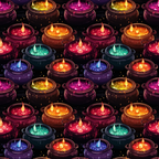 Illustration of colorful potion cauldrons with bubbling liquids in red, orange, yellow, green, blue, and purple, arranged in a repeating pattern against a dark background.