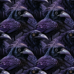 Pattern of meticulously illustrated purple ravens facing left with detailed feathers and intense eyes.